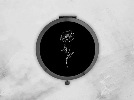 Personalised Round Black Pocket Mirror | Custom August Birthflower Bridesmaid Gift | Compact Mirror Gift