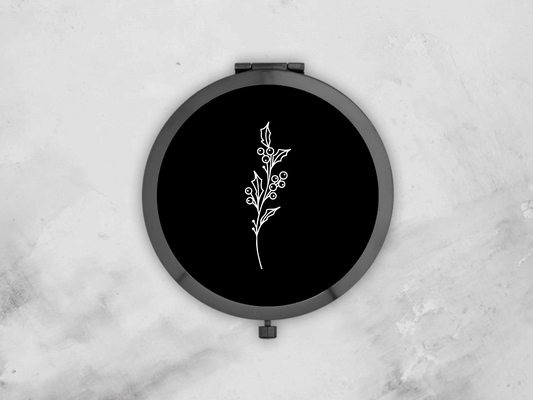 Personalised Round Black Pocket Mirror | Custom December Birthflower Bridesmaid Gift | Compact Mirror Birthday Gift