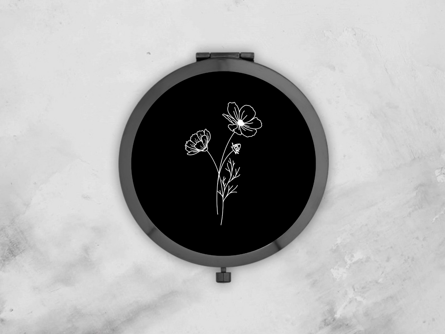Personalised Round Black Gold Pocket Mirror | Custom February Birthflower Bridesmaid Gift | Compact Mirror Birthday Gift