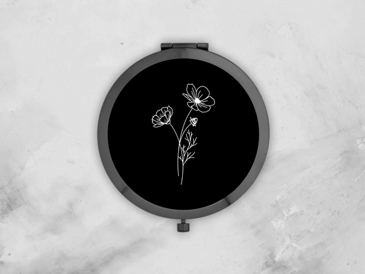 Personalised Round Black Gold Pocket Mirror | Custom February Birthflower Bridesmaid Gift | Compact Mirror Birthday Gift