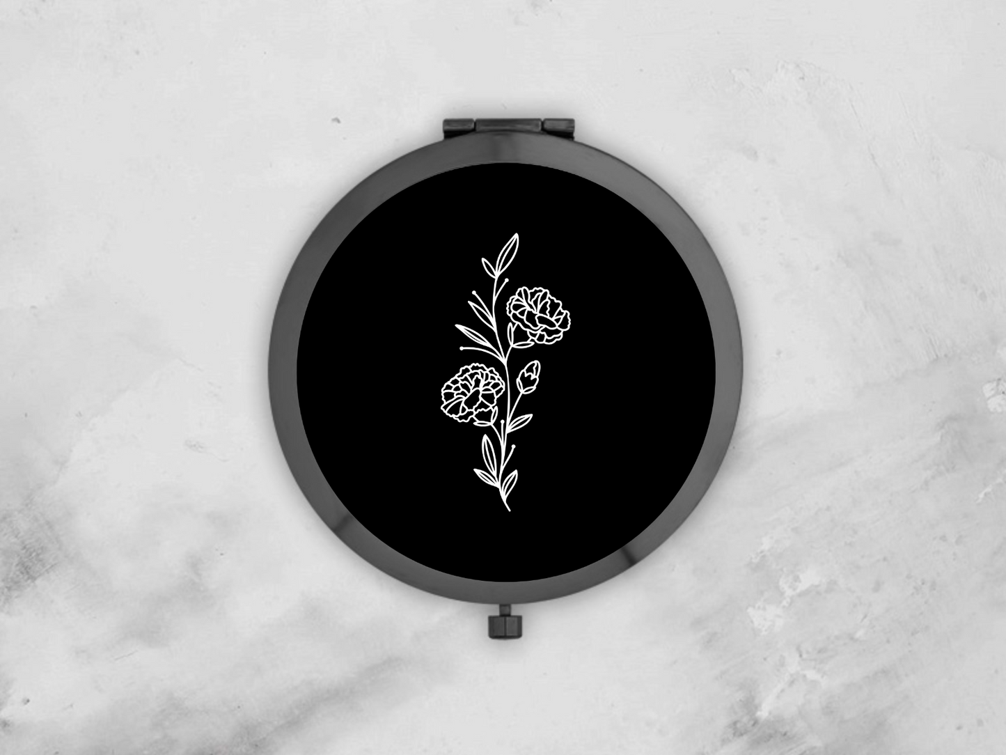 Personalised Round Black Pocket Mirror | Custom January Birthflower Bridesmaid Gift | Compact Mirror Birthday Gift