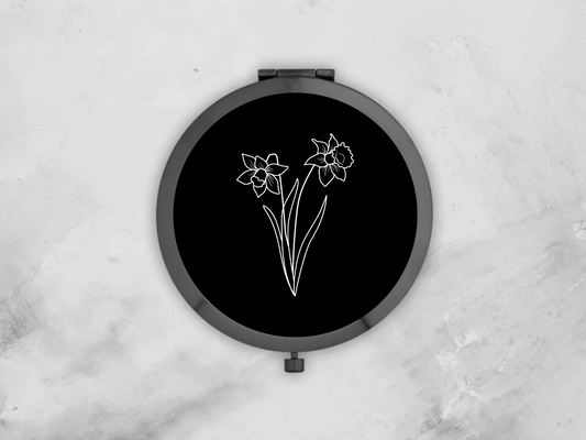 Personalised Round Black Pocket Mirror | Custom March Birthflower Bridesmaid Gift | Compact Mirror Birthday Gift