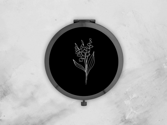 Personalised Round Black Pocket Mirror | Custom May Birthflower Bridesmaid Gift | Compact Mirror Gift