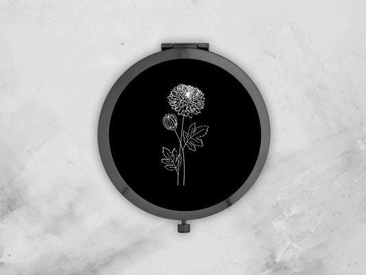 Personalised Round Black Pocket Mirror | Custom November Birthflower Bridesmaid Gift | Compact Mirror Birthday Gift