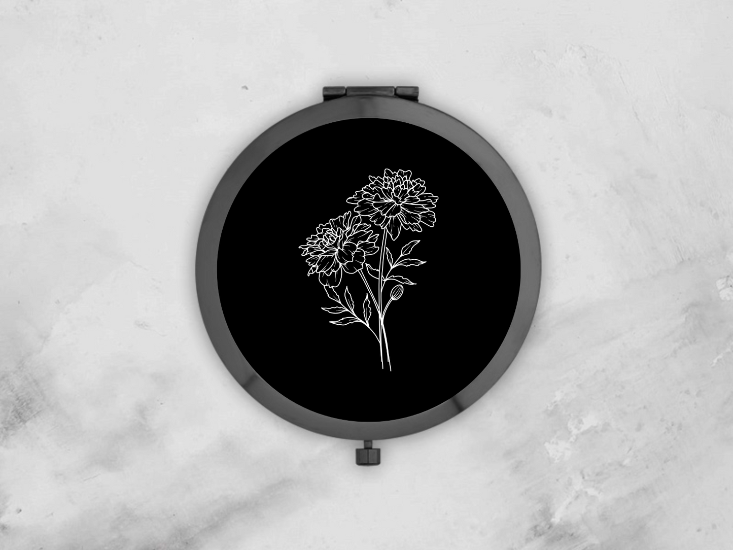 Personalised Round Black Pocket Mirror | Custom October Birthflower Bridesmaid Gift | Compact Mirror Gift