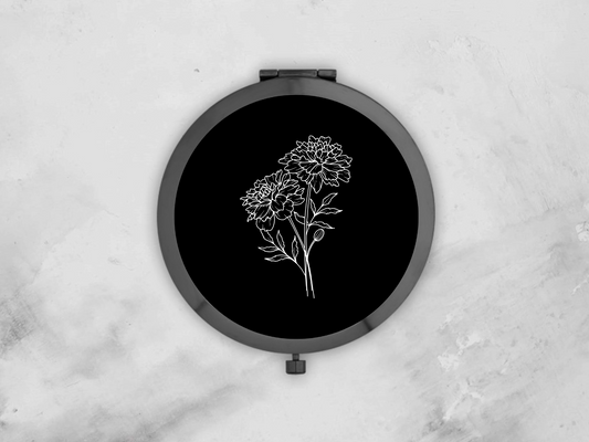 Personalised Round Black Pocket Mirror | Custom October Birthflower Bridesmaid Gift | Compact Mirror Gift