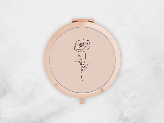 Personalised Round Rose Gold Pocket Mirror | Custom August Birthflower Bridesmaid Gift | Compact Mirror Gift