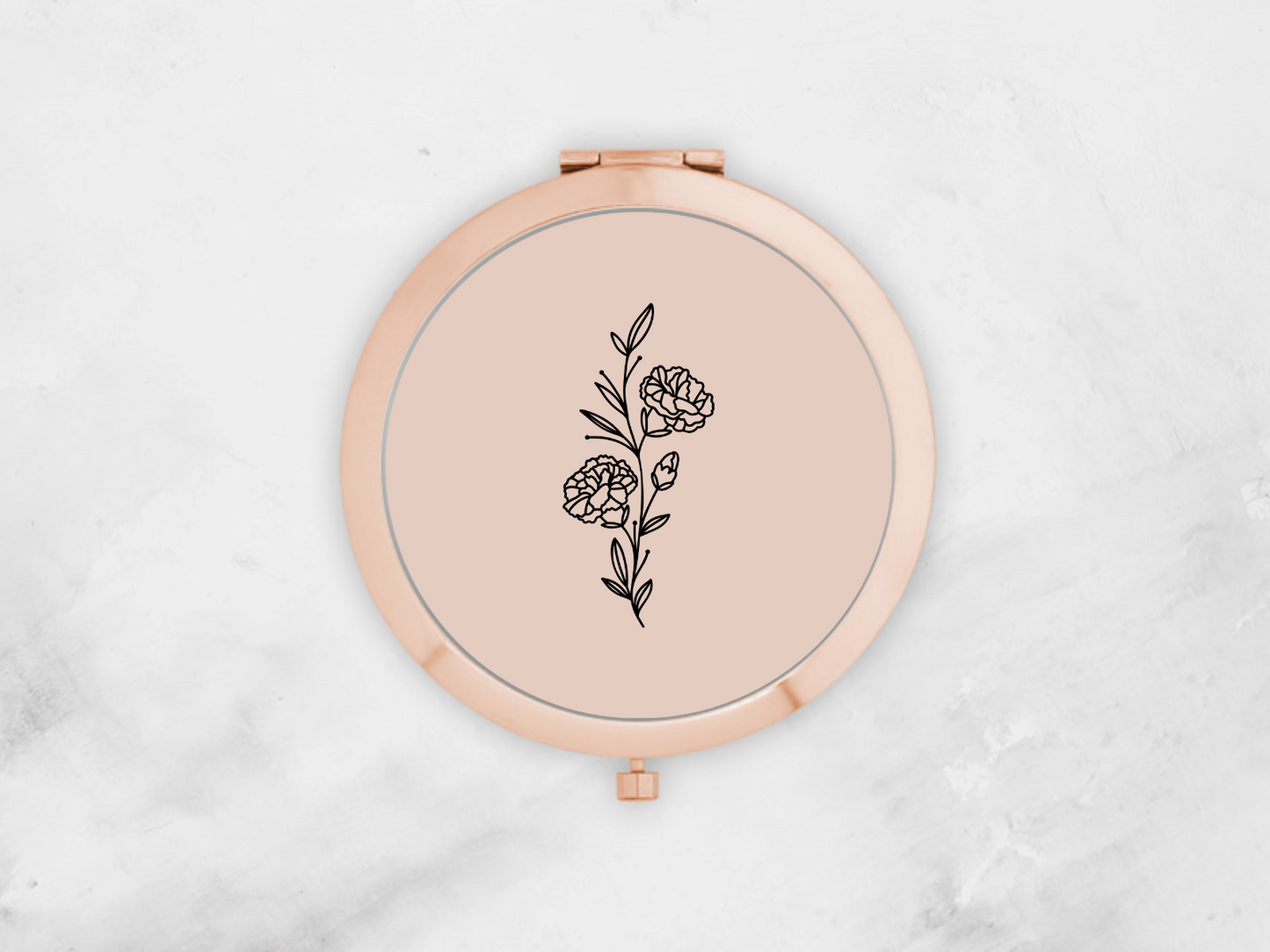Personalised Round Rose Gold Pocket Mirror | Custom January Birthflower Bridesmaid Gift | Compact Mirror Birthday Gift
