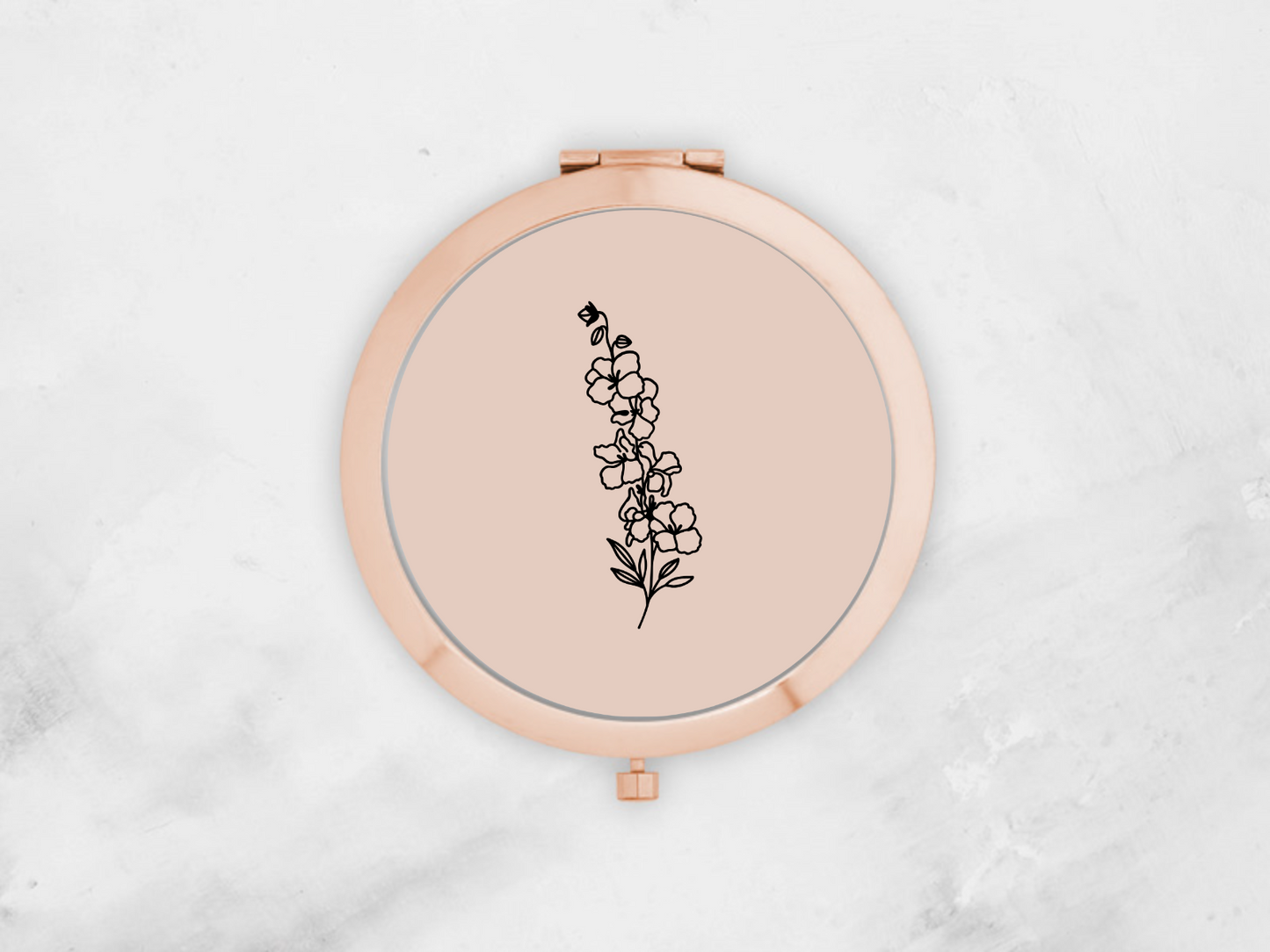Personalised Round Rose Gold Pocket Mirror | Custom July Birthflower Bridesmaid Gift | Compact Mirror Birthday Gift