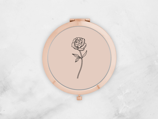 Personalised Round Rose Gold Pocket Mirror | Custom June Birthflower Bridesmaid Gift | Compact Mirror Birthday Gift