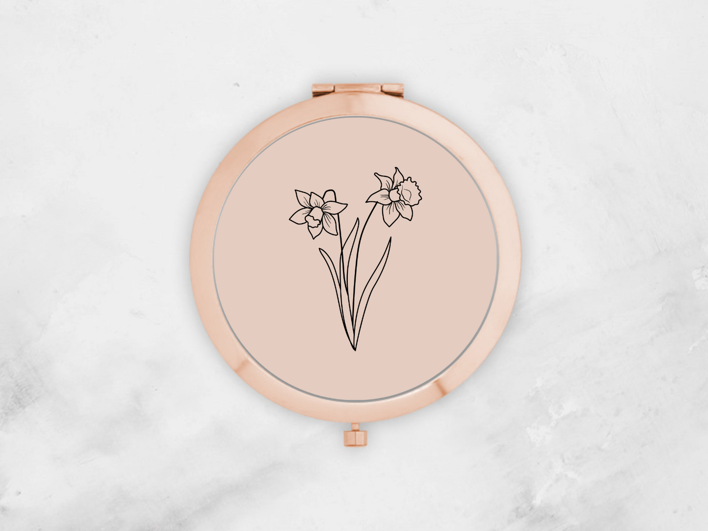 Personalised Round Rose Gold Pocket Mirror | Custom March Birthflower Bridesmaid Gift | Compact Mirror Birthday Gift