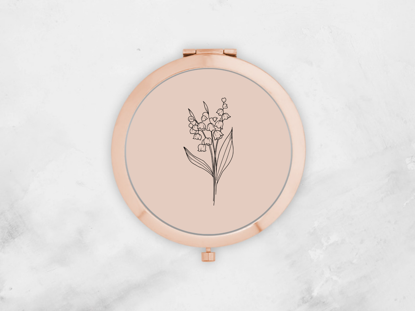 Personalised Round Rose Gold Pocket Mirror | Custom May Birthflower Bridesmaid Gift | Compact Mirror Gift