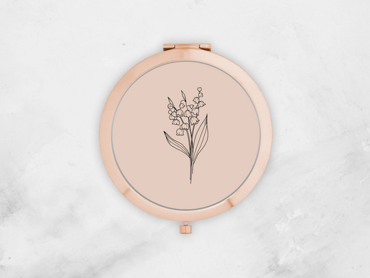 Personalised Round Rose Gold Pocket Mirror | Custom May Birthflower Bridesmaid Gift | Compact Mirror Gift