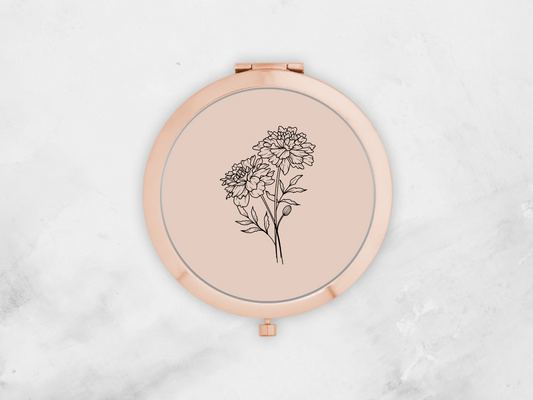 Personalised Round Rose Gold Pocket Mirror | Custom October Birthflower Bridesmaid Gift | Compact Mirror Gift